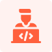icon of a teacher with coding symbol on desk